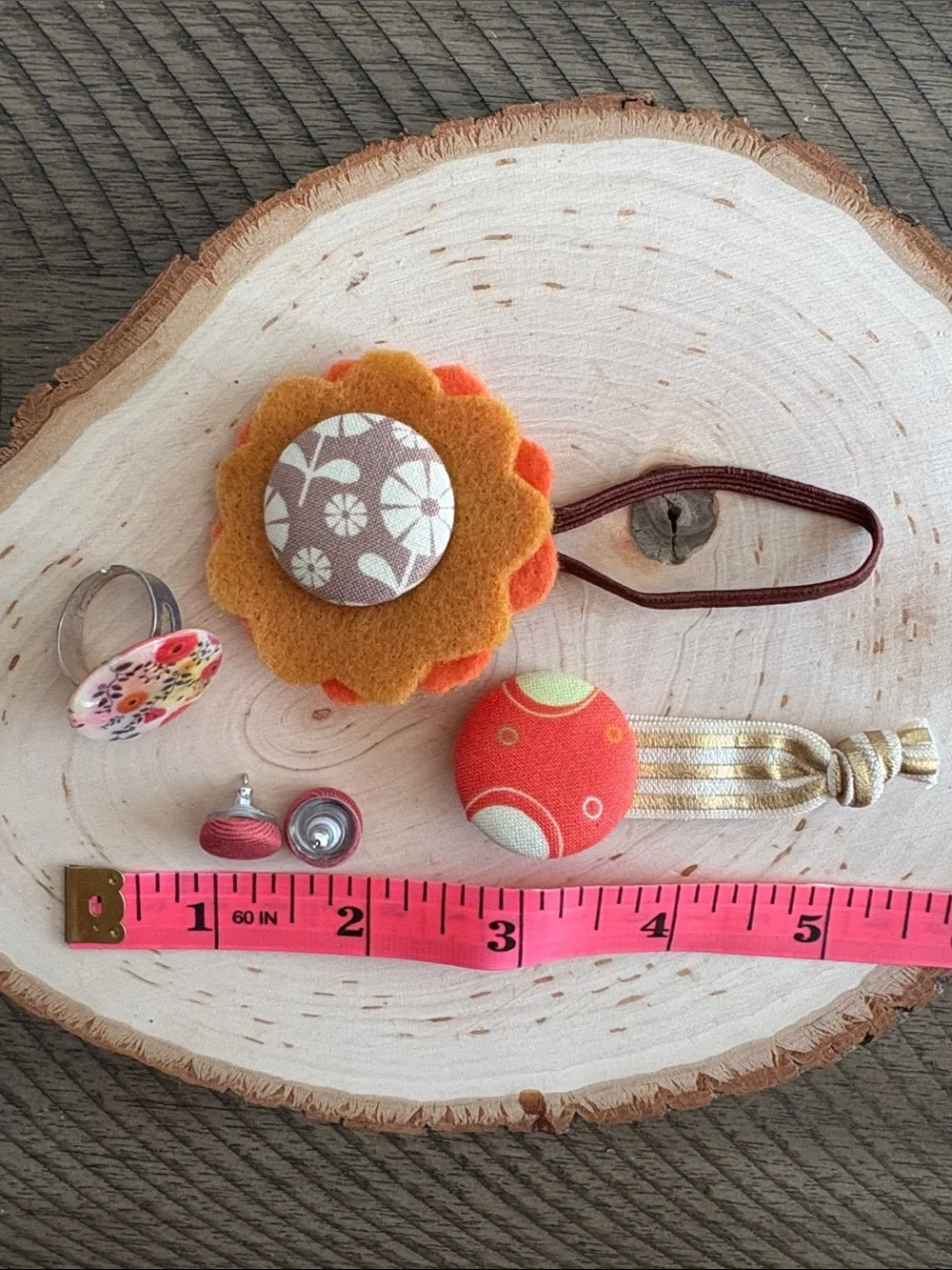 Handmade Orange Floral Felt Hair Tie and Button Accessories